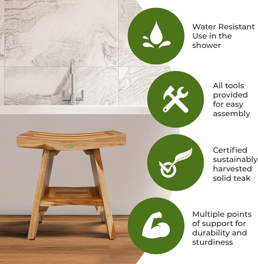 EcoDecors 18 Inch Serenity 300 Pound Capacity Waterproof Teak Wood Shower Bench Stool Seat Chair For Inside Shower Storage Shelf Provides Safety, and Storage, For Bathroom Accessories Natural Color