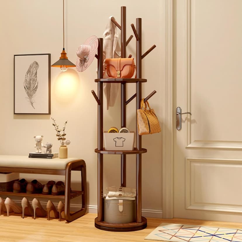 Solid Wood Rotary Coat Rack, Freestanding Coat Rack with 3 Shelves and 9 Hooks, Coat Tree for Bedroom, Entryway, Livingroom, Coat Hanger Stand,Walnut