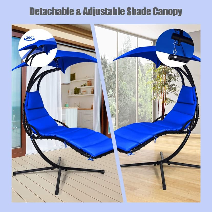 S AFSTAR Hammock Chair with Stand, Hanging Chaise Chair with Removable Canopy & Built-in Pillow, Hanging Curved Chaise Lounge Chair Swing for Porch Patio Poolside (Navy)
