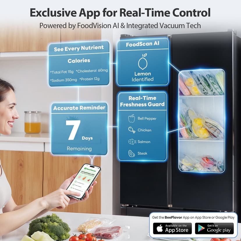 PressFree TRUE-Auto Vacuum Sealer Machine, Beelicious 85KPA Fully Automatic 8-IN-1 Food Sealer with Bags Storage, Build-in Cutter, Moist Mode and Air Suction Hose | Digital Countdown | Sous Vide
