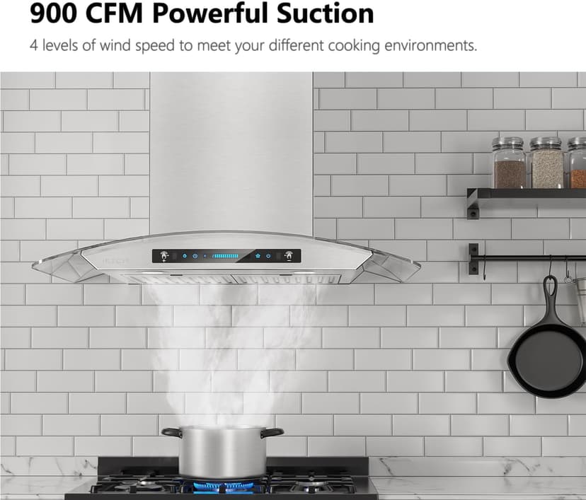IKTCH 30-inch Wall Mount Range Hood Tempered Glass 900 CFM, Kitchen Chimney Vent Stainless Steel with Gesture Sensing & Touch Control Switch Panel, 2 Pcs Adjustable Lights(IKP03-30)