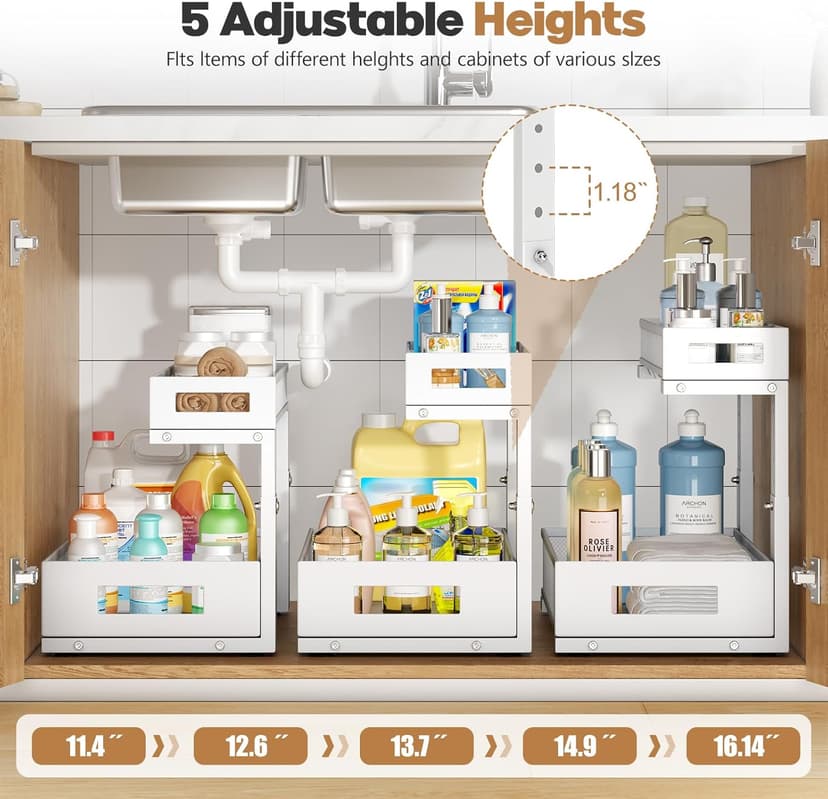 2-Pack Under Sink Storage Organizer, Large 2-Tier Elegant Mesh Pull Out Shelf for Kitchen and Bathroom Cabinet Organization, L-Shaped and Adjustable Height Design for Maximum Space Efficiency-White