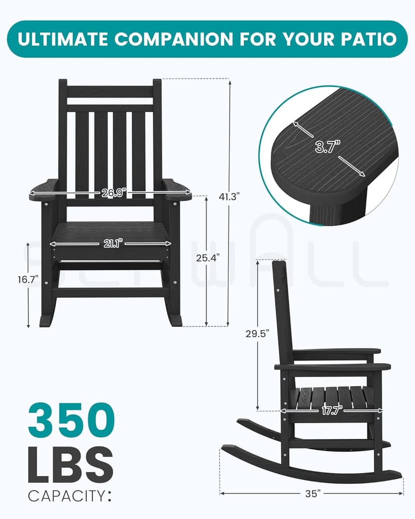 SERWALL Oversized Outdoor Rocking Chair Set of 2, HDPE Rocker for Adults, Patio Rocking Chairs for Porch, Black