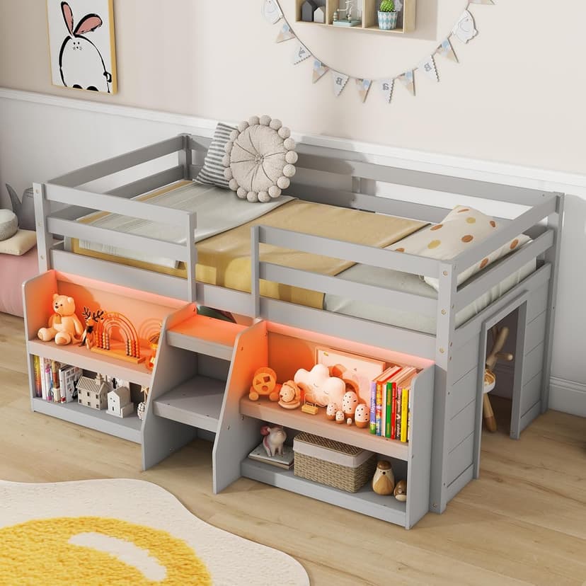 Giantex Low Loft Bed with LED Lights, Wooden Loft Bed Twin Size with Stairs & Safety Guardrail, Loft Bed for Kids with Storage Bookcase and Under-Bed Play Space, Grey