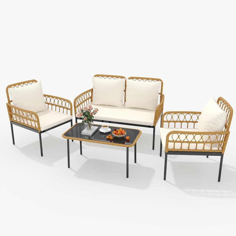 IDEALHOUSE 4-Piece Outdoor Patio Furniture Set, All-Weather PE Rattan Wicker Loveseat & Chairs with Glass Coffee Table & Steel Frame, Boho Conversation Set for Patio, Balcony, Backyard, Beige