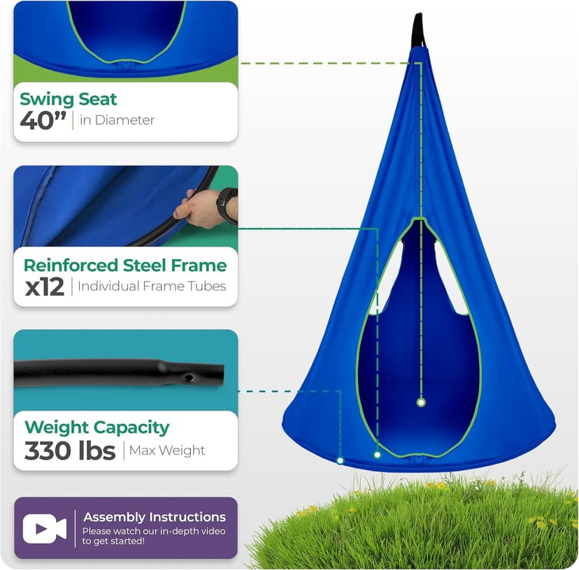 Sorbus Pod Swing for Kids - Durable Hanging Hammock Chair w/Adjustable Rope - 2 Windows & 1 Entrance - Tree Tent Sensory Swing for Kids Indoor Outdoor Use - 250lbs Sturdy Nest Swing - (40", Blue)
