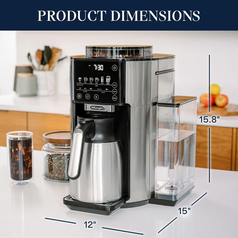 De'Longhi TrueBrew Drip Coffee Maker, Built in Grinder, Single Serve, 8 oz to 24 oz with 40 oz Carafe, Hot or Iced Coffee, Stainless,CAM51035M, Silver/Black