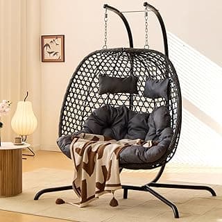 Double Hanging Swing Egg Chair with Stand, Hexagon Wicker Hammock Swing Chair for Outdoor Garden Patio, 2 Person Egg Chair with Foldable Loveseat Removable Cushions (Dark Grey)