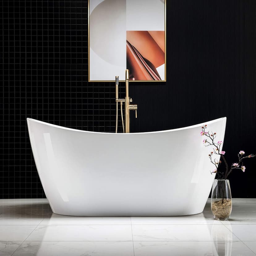 WOODBRIDGE 59" Acrylic Freestanding Bathtub Contemporary Soaking White Tub with Brushed Gold Overflow and Drain，BTA1516-BG-Drain-&O