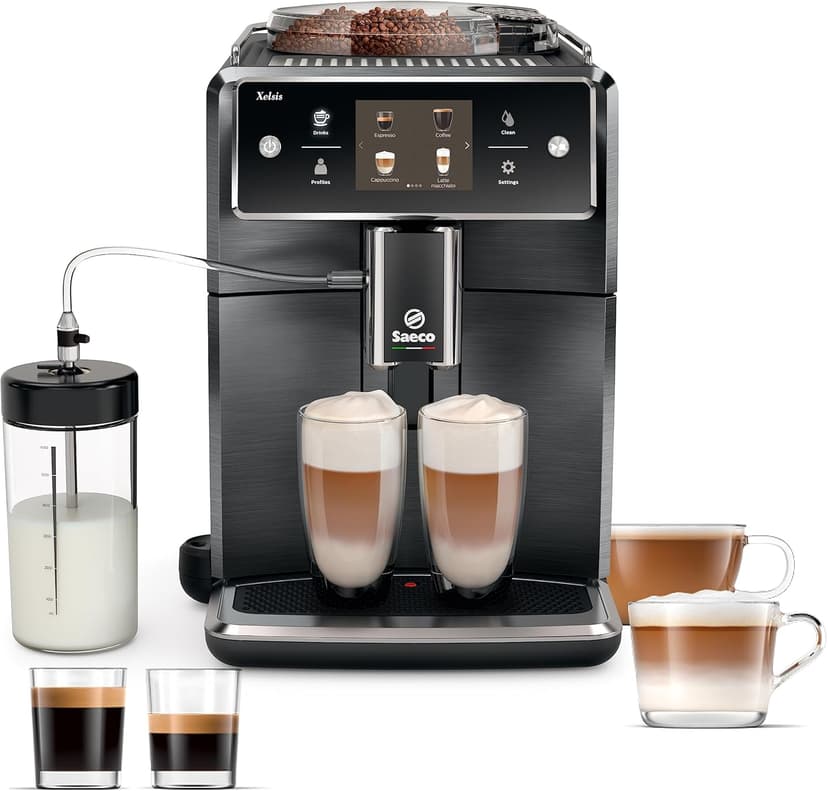 Philips Saeco Xelsis Super Automatic Espresso Machine - LatteDuo Milk System, 15 Coffee Varieties, 6 User Profiles, Touchscreen, Black & Titanium, (SM7684/04)