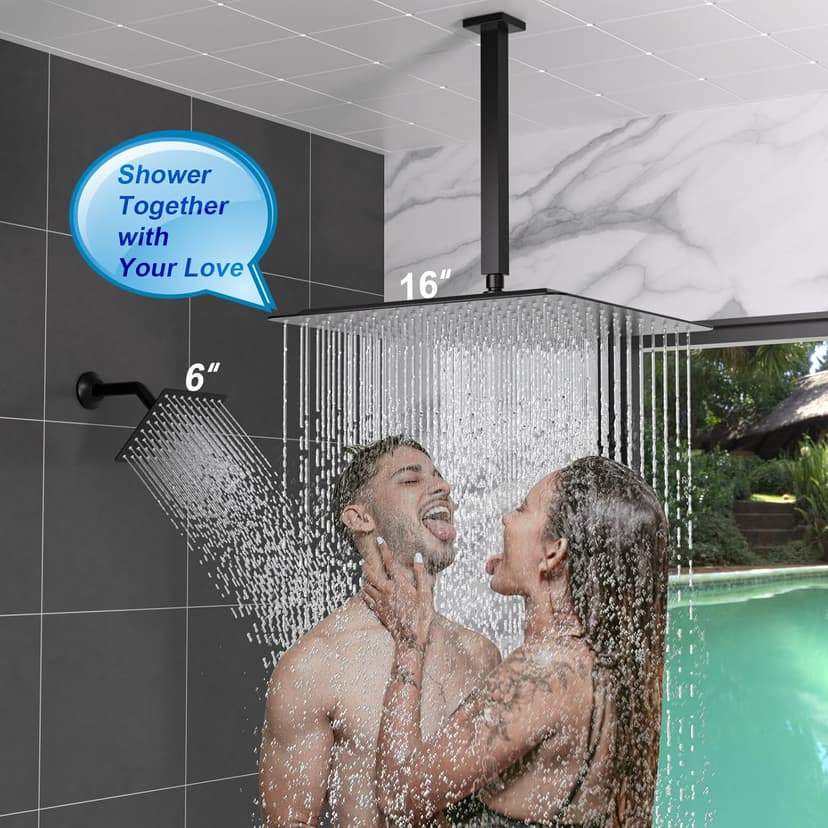 Enga Temperature Display Shower System with Dual Shower Heads, 16" + 6" Dual Rain Shower System, Push-button Valve Thermostatic Shower Faucet Set, Can All Run Together & Flow Adjustable, Matte Black