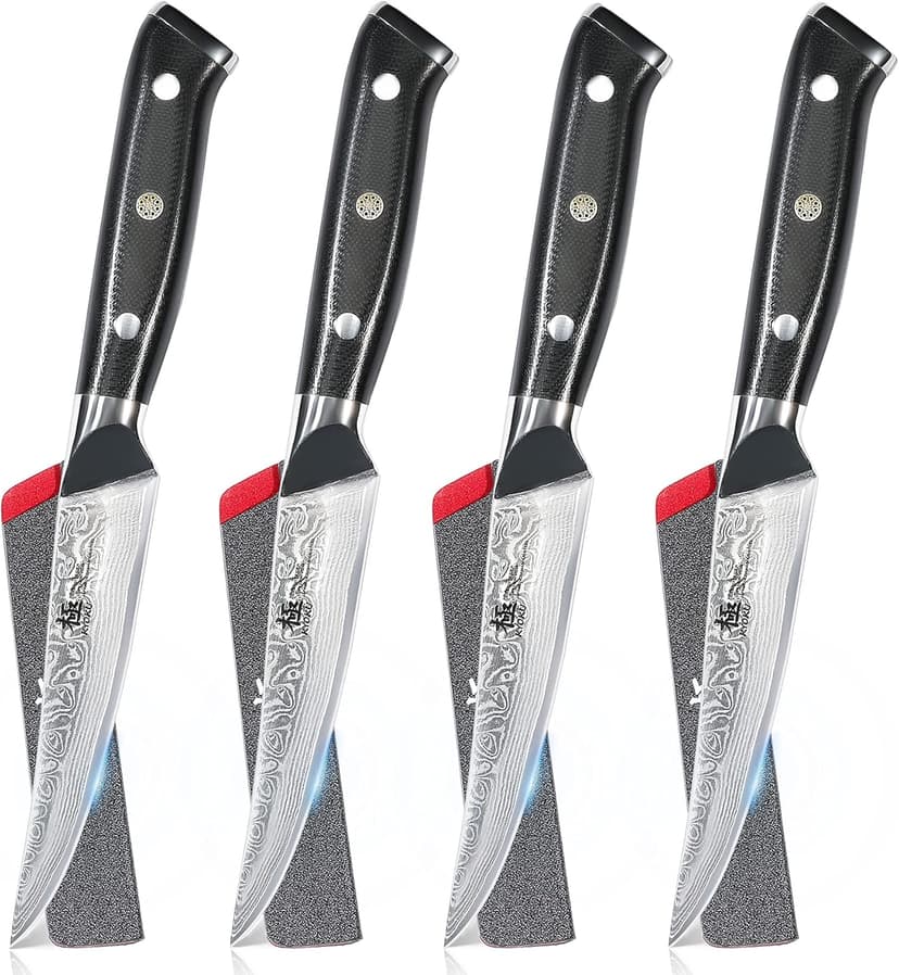 KYOKU Damascus Non-Serrated Steak Knives Set of 4 - Shogun Series - Japanese VG10 Steel - with Sheath & Case