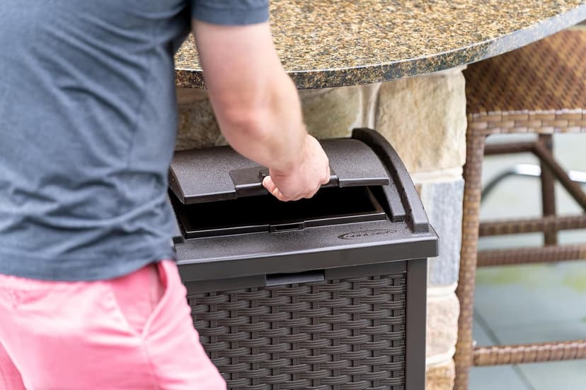 Suncast 33 Gallon Commercial Outdoor Trashcan Hideaway with Lid for 30 to 33 Gallon Trash Bags for Garage, Backyard, or Garden, Brown