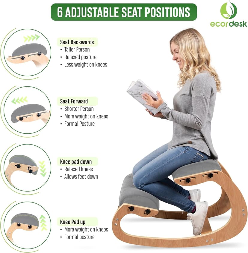 Ergonomic Kneeling Chair, Adjustable Seat - Office Chair for Desk, Posture Corrector, Premium Comfort Cushion, Wooden Rocking Knee Chair (Grey)