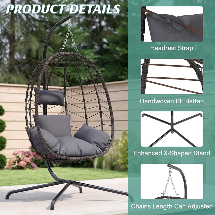Egg Chair with Stand, Patio Wicker Hanging Chair, Hammock Swing Chair, 350LBS Capacity for Bedroom, Balcony(BR-GR)
