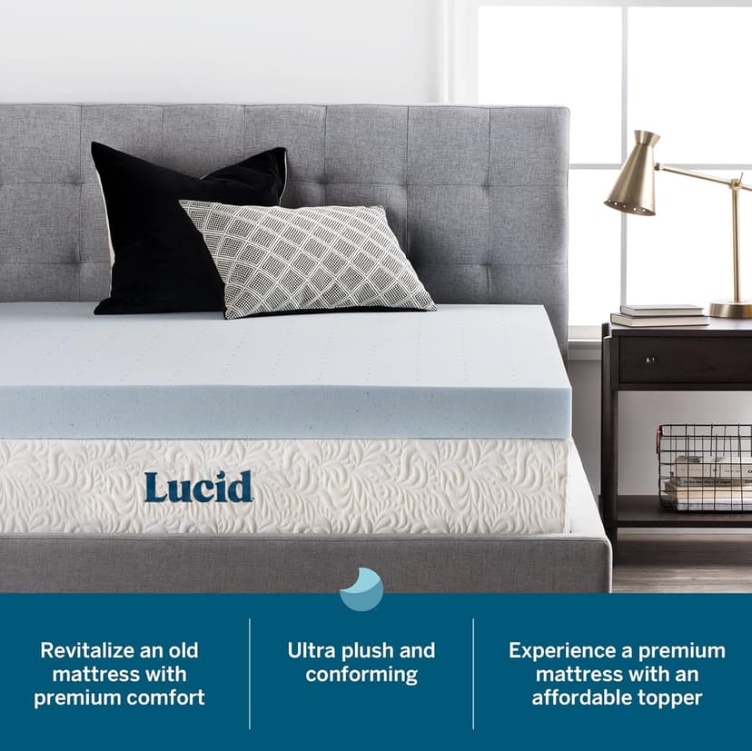 LUCID 4 Inch Gel Memory Foam Mattress Topper-Ventilated Design-Ultra Plush-Queen