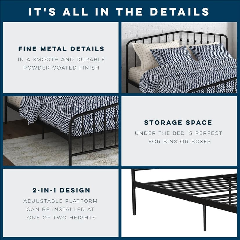 Novogratz Bushwick Modern Metal Bed, Slightly Triangular Headboard and Footboard with Inset Spindles, Adjustable Base Height for Underbed Storage, Requires No Box Spring, King Size - Black