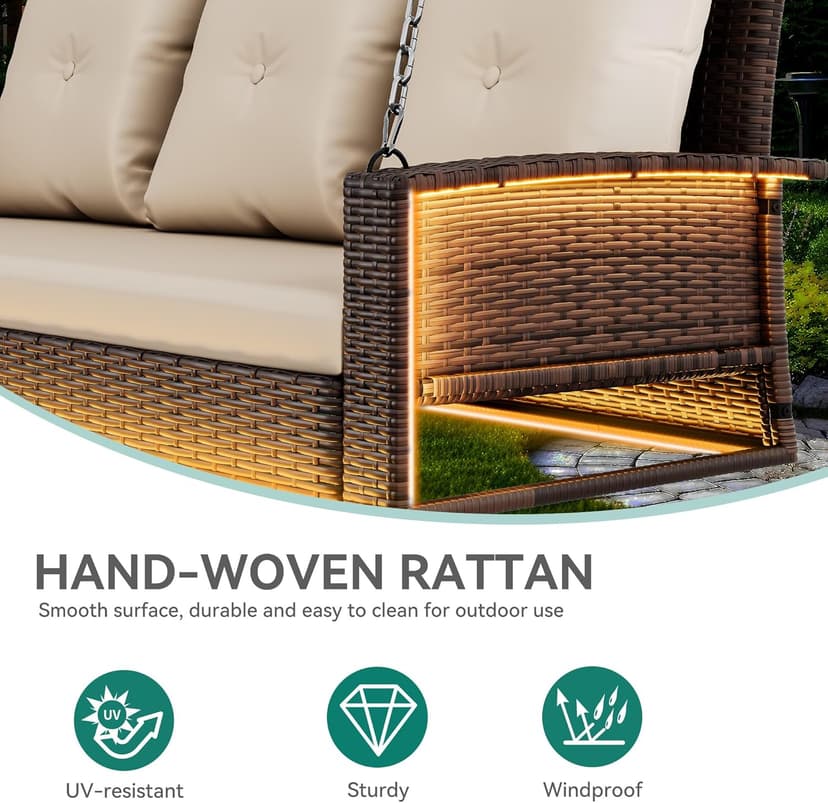 YITAHOME 3 Seats Patio Porch Swing, Outdoor Wicker Hanging Bench Rattan Chair Seat with LED Lights & Soft Cushions for Outside, Garden, Backyard, Lawn, Light Brown & Beige