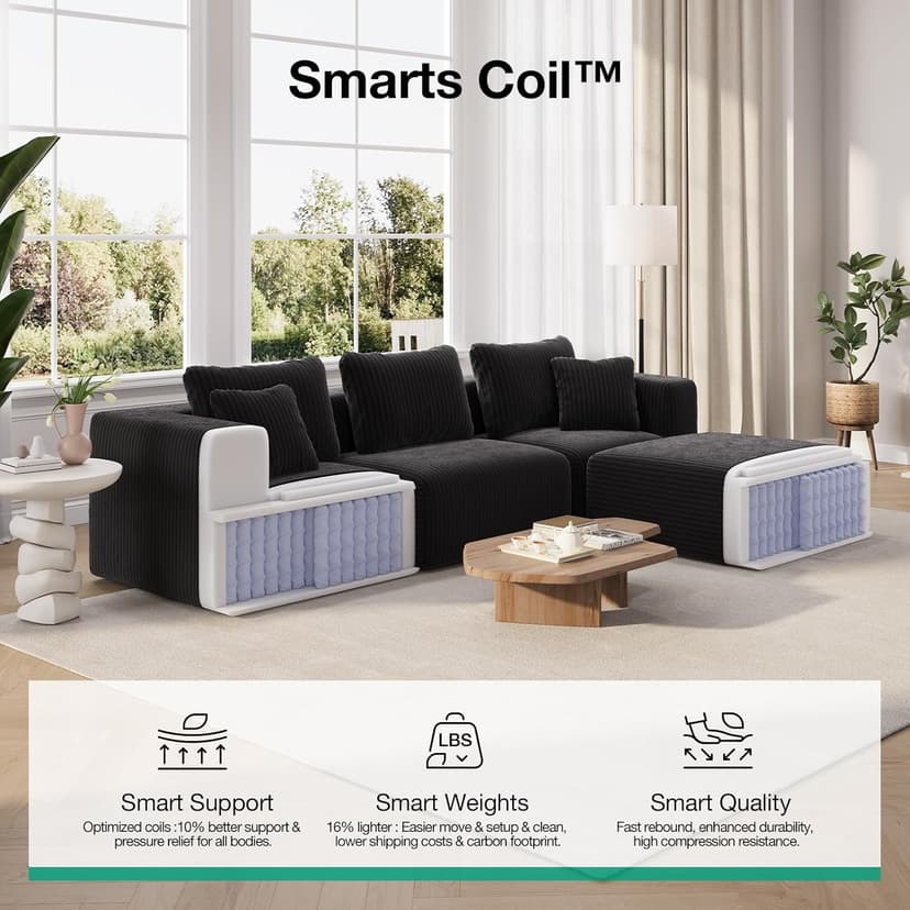 Novilla 106" Modular Sectional Sofa, Modern Cloud Sectional Couch with Smarts Coil™ Support, L-Shape Boneless Couch for Living Room Apartments Bedroom, No Assembly Required (3 Seater + 1 Ottoman)