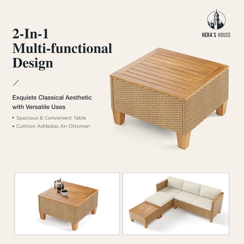 HERA'S HOUSE Small Patio Furniture Set, All Weather 3 Pieces Wicker Outdoor Sectional Set,Yellow Rattan Conversation Set with Lounge Sofa and Coffee Table for Lawn, Garden