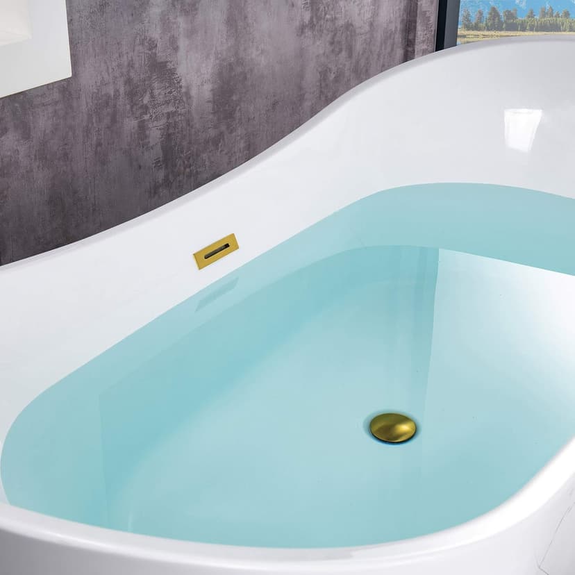 WOODBRIDGE 67" Acrylic Freestanding Bathtub Contemporary Soaking White Tub with Brushed Gold Overflow and Drain，B0010-BG