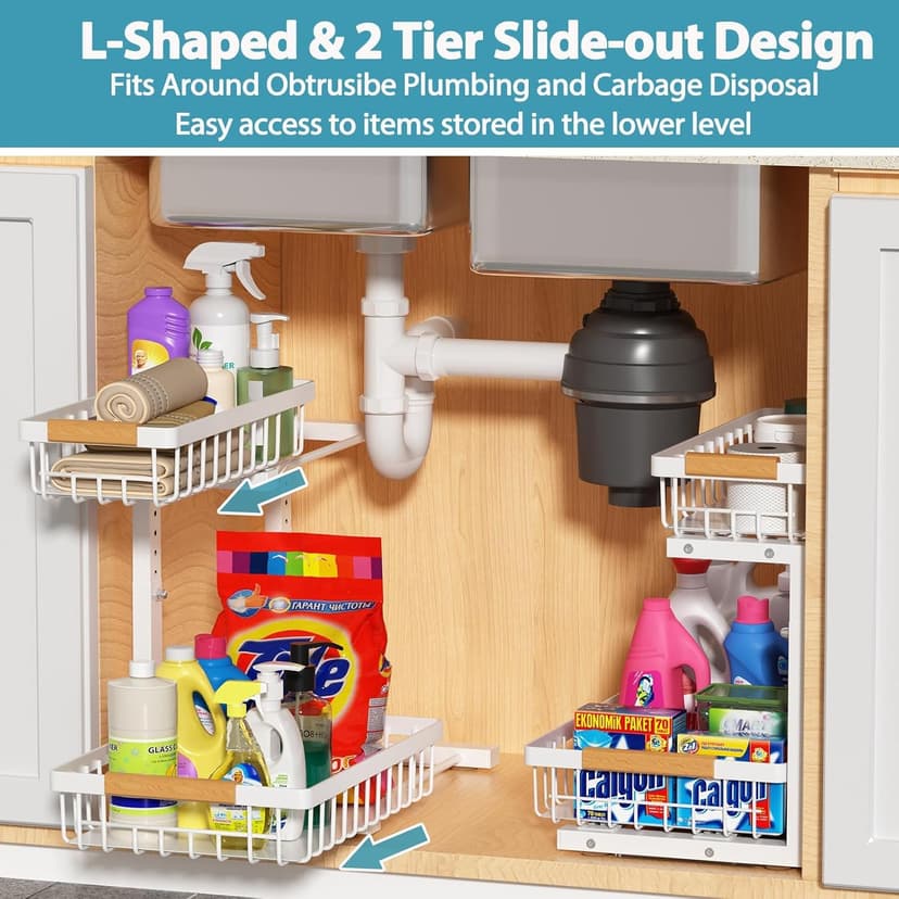 Under Sink Organizer 2 pack, 2 Tier Slide Out Under Sink Organizers And Storage, Height Adjustable Pull Out Cabinet Drawers, Kithcen Bathroom Metal Storage Caddy Shelf, White