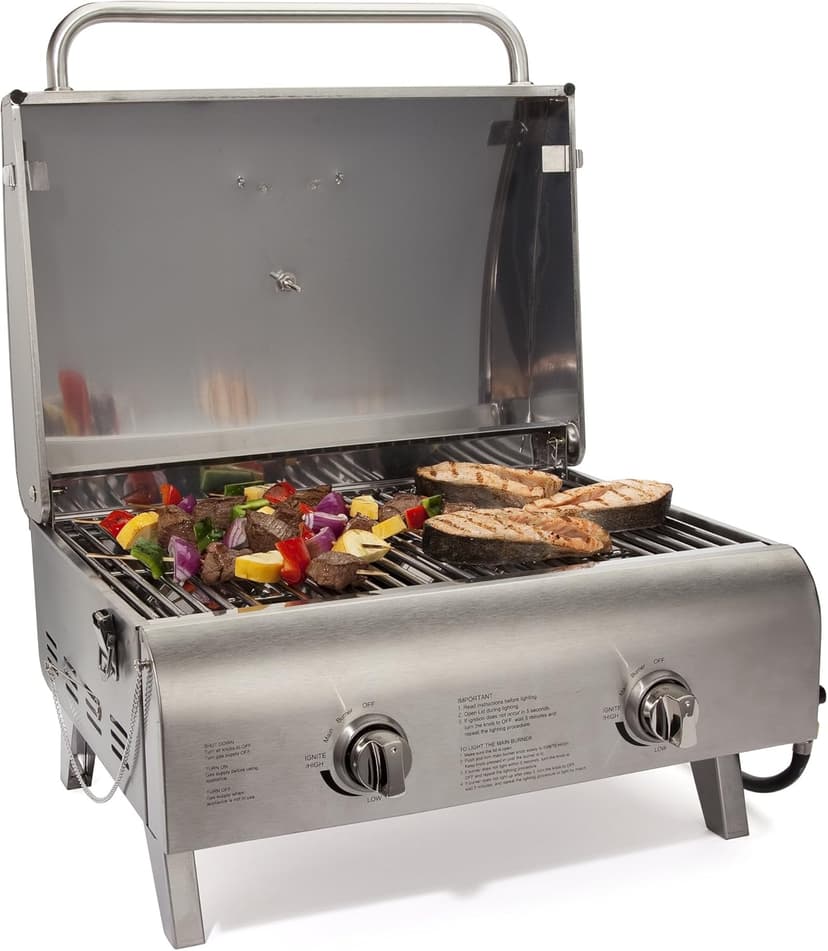 Cuisinart Chef's Style Tabletop Portable Propane Gas Grill with Dual Burners (20,000 BTUs Total), Twist-Start Ignition Stainless Steel BBQ Grill for Camping, Tailgates, BBQ, Hassle-Free Setup
