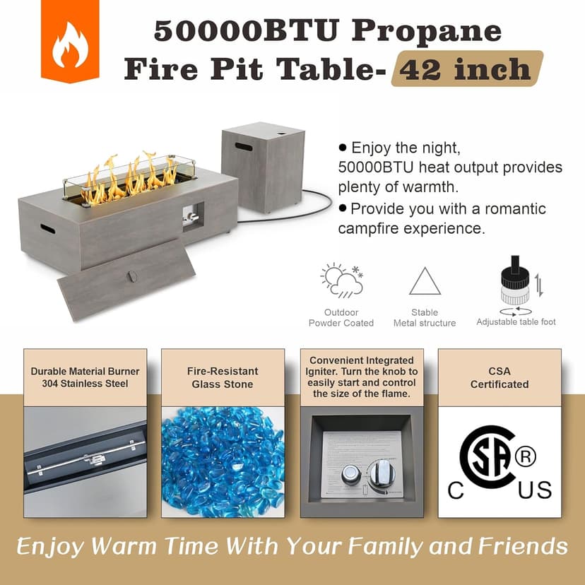 Outdoor Fire Pit Table Propane Gas Fire pits &Outdoor Fireplaces 42″ Rectangular Firepit Table, 50,000 BTU Fire Table for Patio Set, Sand
