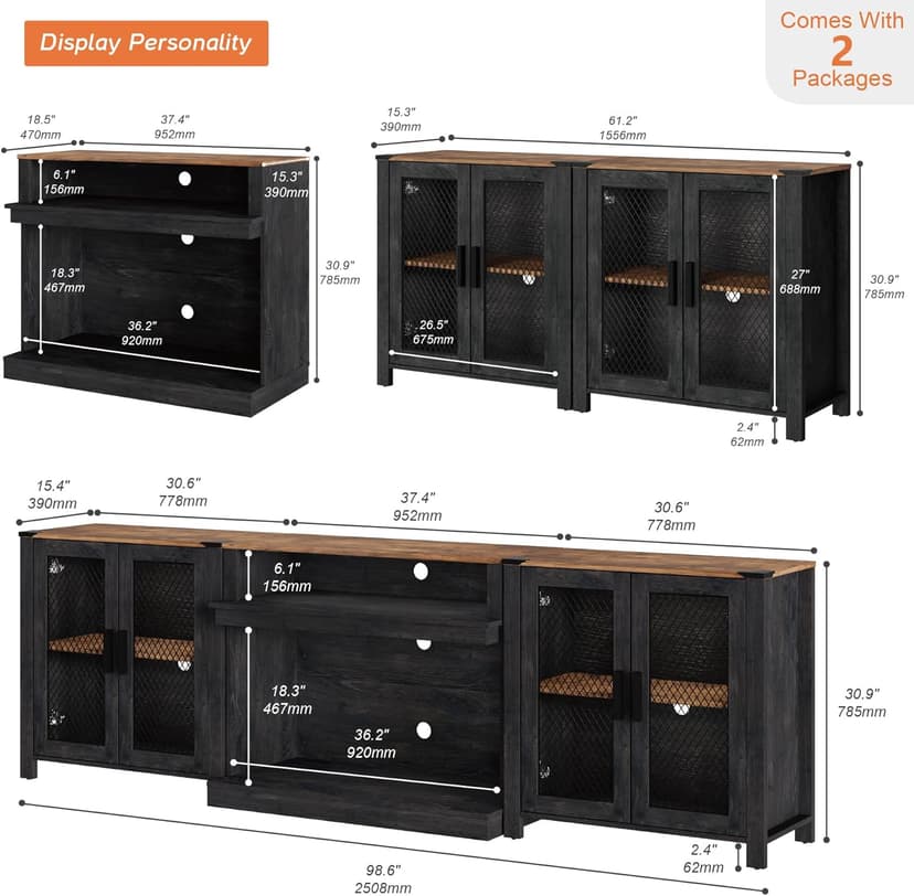 WAMPAT 2 in 1 TV Stand Set for 100 inch TV, Farmhouse Entertainment Center with 4 Mesh Door and Open Storage Shelves, Wood Media TV Console Table for Dining and Bedroom，Dark Walnut and Black