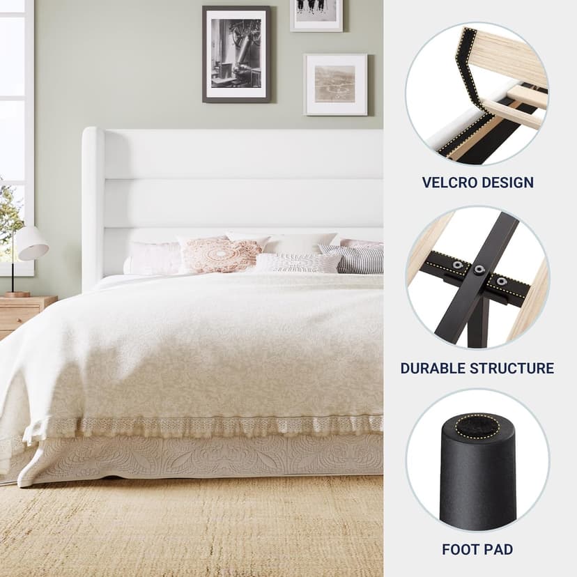 Allewie Queen Size Platform Bed Frame with Velvet Upholstered Wingback Headboard, No Box Spring Needed, Under Bed Storage Space, Strong Wooden Slats, Modern Mattress Foundation, Easy Assembly, White