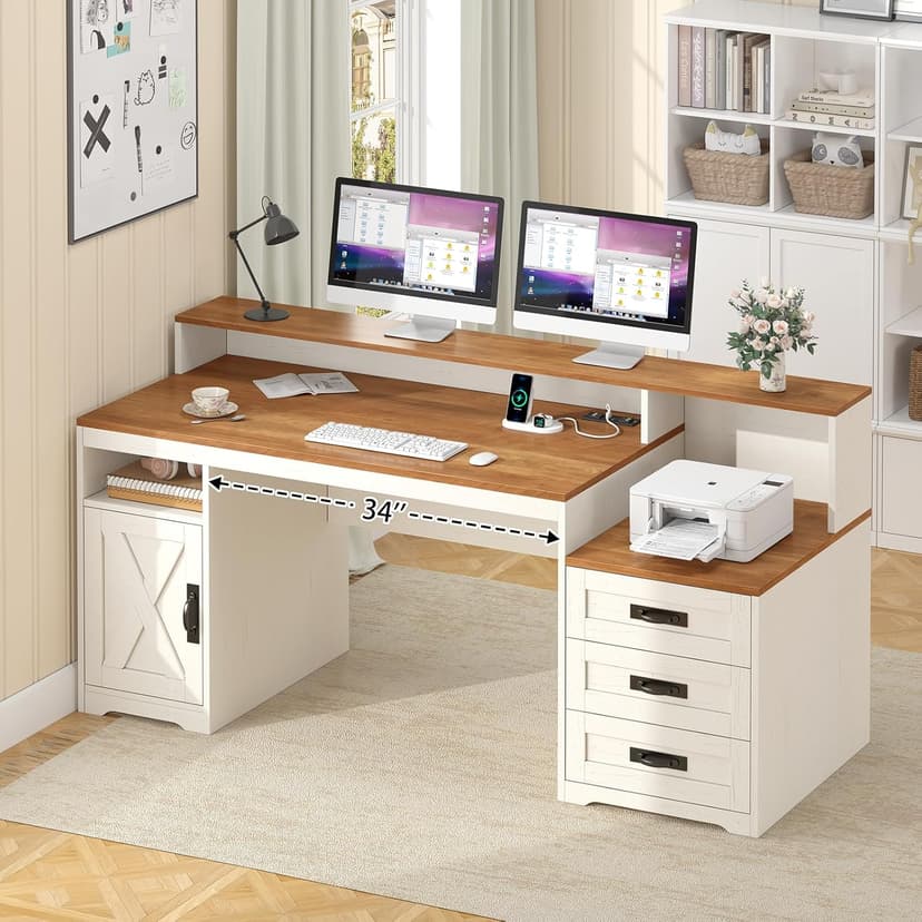 TVU Farmhouse Computer Desk with Drawers, 65'' Home Office Desk with Power Outlets, Storage Cabinet and Printer Stand, Study Writing Desks with Long Monitor Stand, White