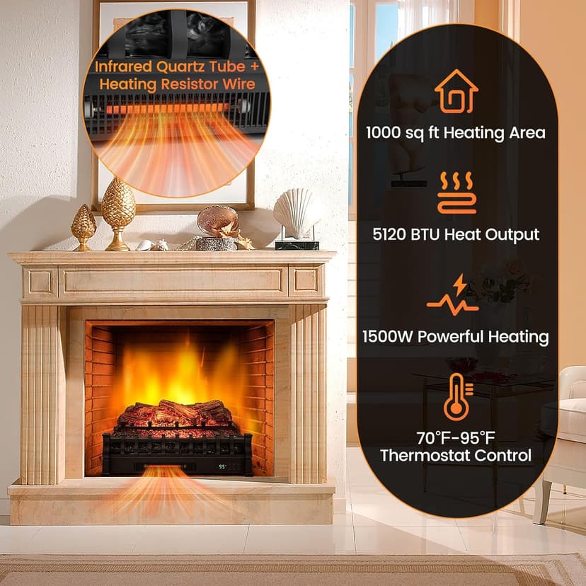 Tangkula 26” Infrared Quartz Electric Fireplace Log Heater with Realistic Pinewood Ember Bed, Electric Fireplace Heater Insert with Overheat Protection, Thermostat, 8H Timer, Remote Control, 1500W