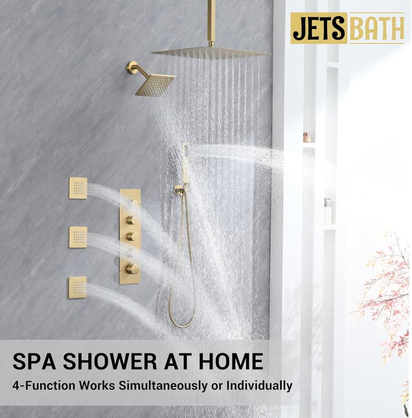 Brushed Gold Thermostatic Shower System with Body Jets, Ceiling 16” Rainfall Shower & Wall Mount 6-Inch Shower Head Luxury Shower Faucet Set with Handheld Spray, Dual Shower Heads Set