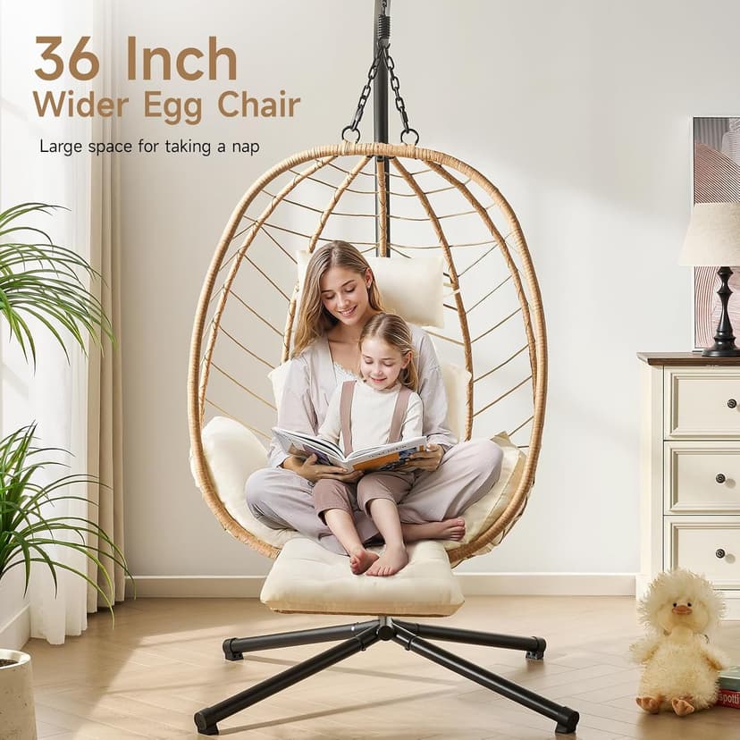 Hanging Egg Chair with Adjustable Footrest & Stand, Wicker Rattan Swing Hammock Chair with Cushion & Double Chains, 350LBS Capacity for Outdoor & Indoor Patio, Deck, Bedroom, Balcony (YE-BE)