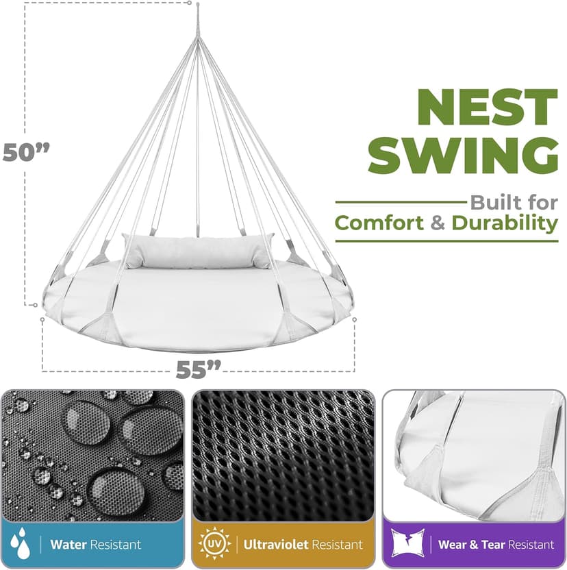Sorbus 56" Stylish Hanging Swing Nest - Premium Cotton Double Hammock Daybed Saucer Style Lounger Swing Chair- 264lbs Sturdy Spinner Tree w/Pillow - Easy Setup - for Indoor/Outdoor, Travel - White