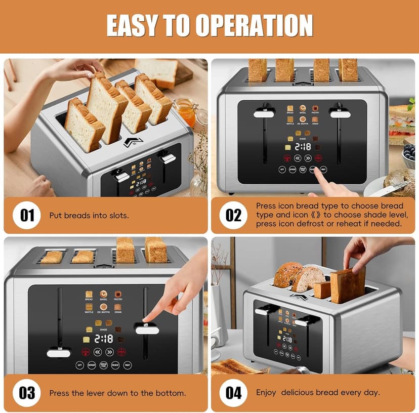 4 Slice Toaster, Touchscreen & Dual Independent Control Panel，5 Basic Functions & Digital Countdown Toasters, 6 Shade Settings＆6 Bread Types, Smart Bread Maker Mute/Screen-Off,Platinum