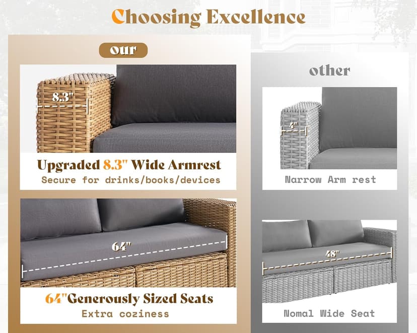 AMERLIFE 6-Piece Patio Sofa Set with Convertible Coffee Table - 8.3" Wide Armrests, UV-Resistant PE Rattan Outdoor Conversation Set for Balcony/Poolside, Waterproof Grey Cushions, Heavy-Duty Wicker