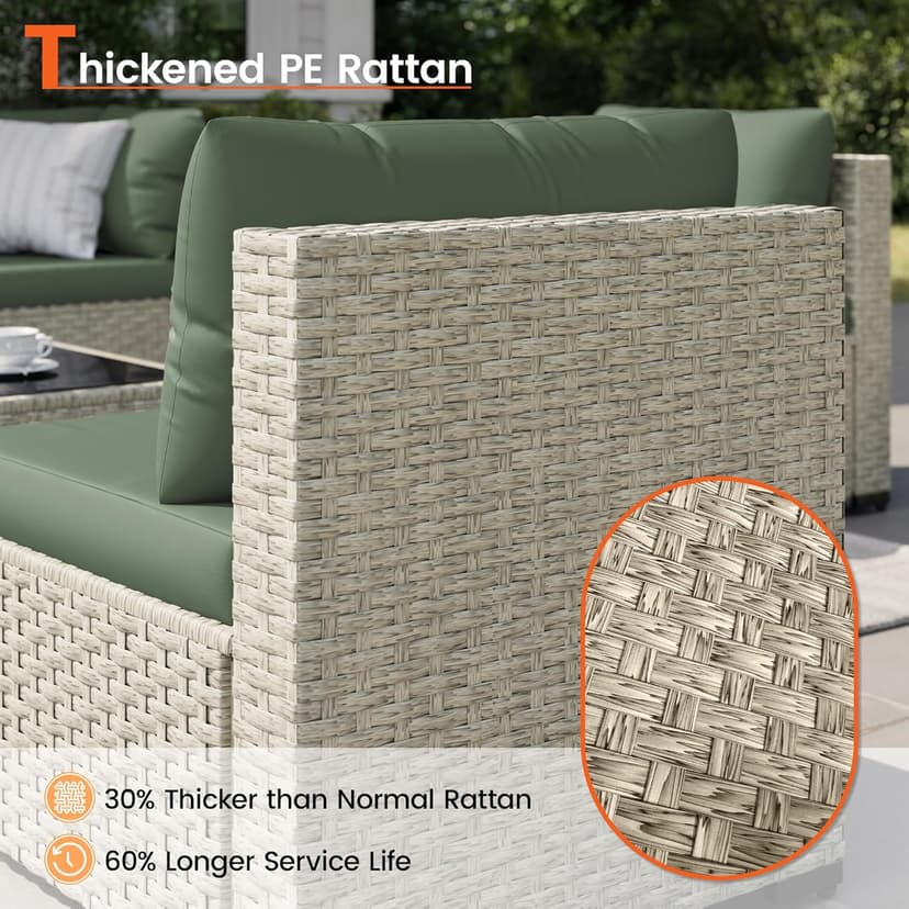 Patio Furniture Set, 7-Piece Outdoor Sectional All-Weather Wicker Patio Conversation Set for Backyard (Green Cushions with Grey Rattan)