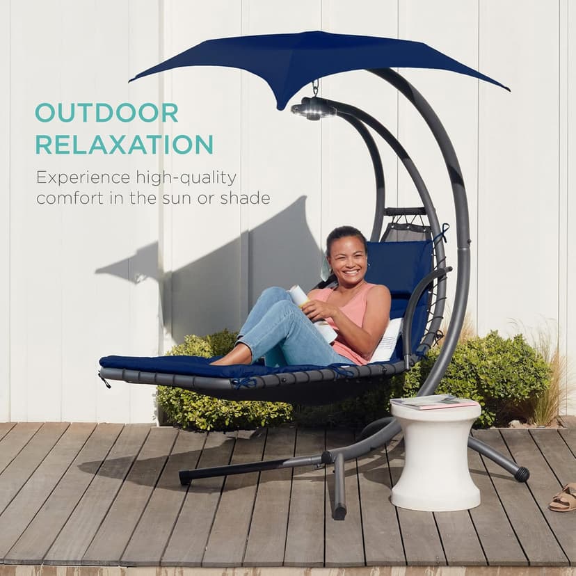 Best Choice Products Outdoor Hanging Curved Steel Chaise Lounge Chair Swing w/Built-in Pillow and Removable Canopy - Navy Blue