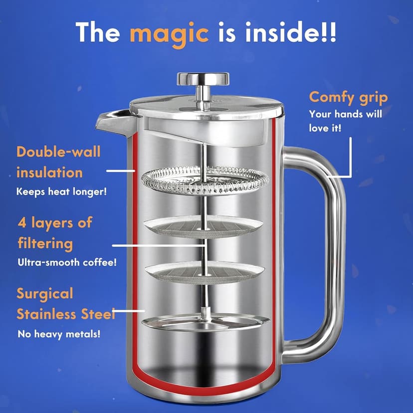 Ziruma Non-Toxic French Press Coffee Maker 316 Surgical Grade Stainless Steel, 34 Oz, 100% Plastic Free Coffee Press, Portable Press, 4 Layer Filter, Double Wall Insulated French Press