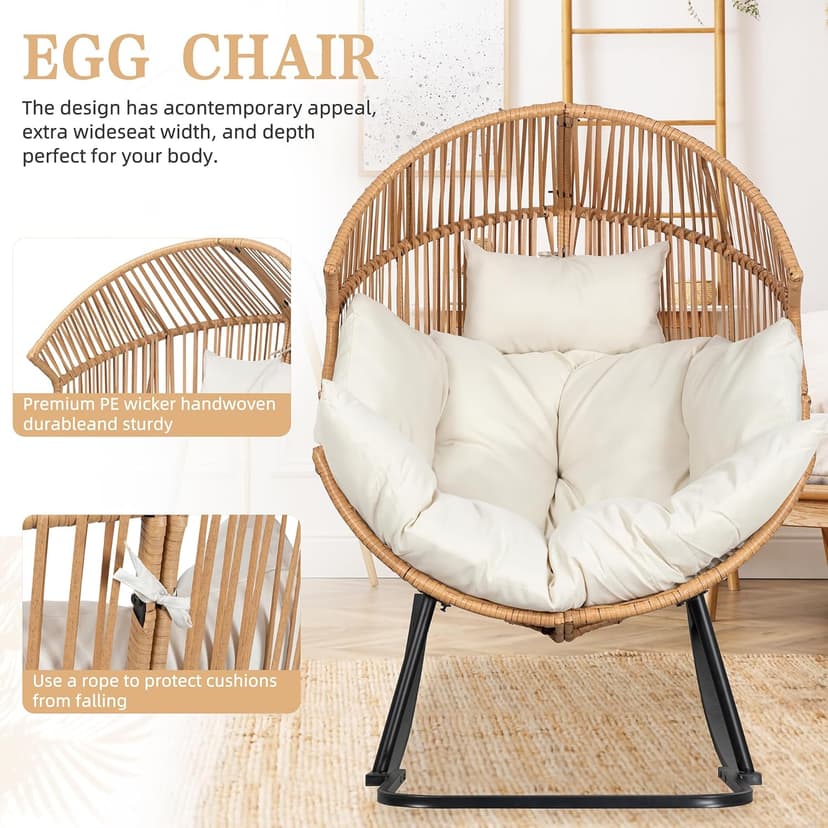 Vongrasig Wicker Egg Chair PE Rattan Rocking Chair with Cushion, Oversized Patio Lounge Rocker Chair for Outdoor, Indoor, Balcony, Backyard, Garden, Beige
