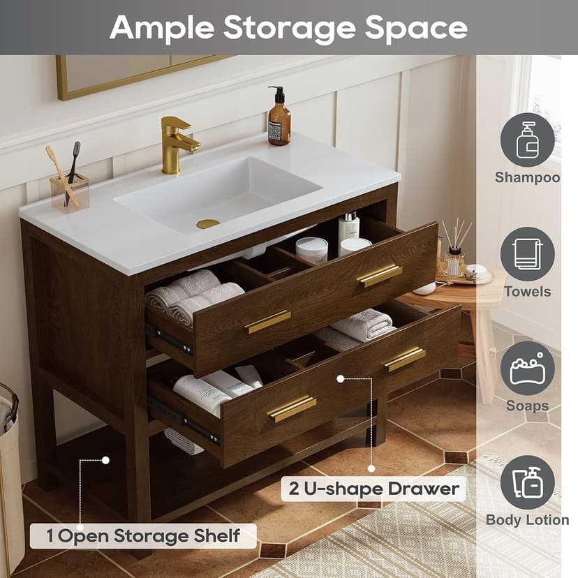36 Inch Bathroom Vanity with Sink, Farmhouse Storage Cabinet with Drawers & Open Storage Shelf, Easy Assembly, Adjustable Feet, Walnut