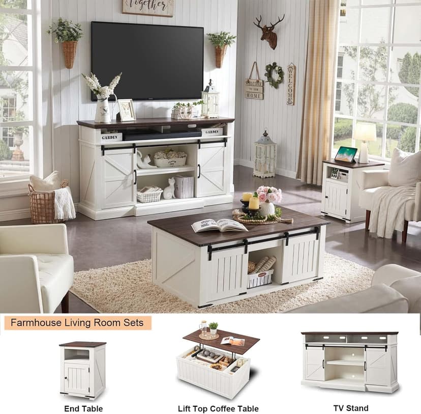 Farmhouse TV Stand for 80 Inch TVs, 38" Tall Entertainment Center w/Storage Cabinets and Sliding Barn Door, Media Console Cabinet w/Soundbar & Adjustable Shelves for Living Room, 69inch (White)