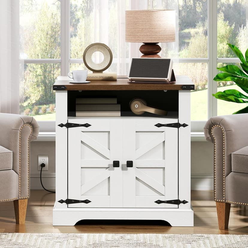 HOOBRO Farmhouse End Table with Charging Station, 23.6" Large End Tables for Living Room, Sofa Side Table with Barn Door, Wooden Square Nightstand Bedside Table, Flip Top, White and Walnut WH601UBZ01
