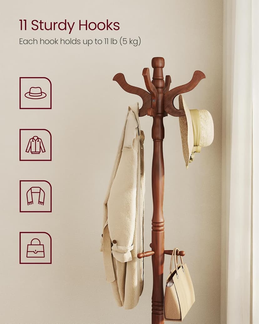 VASAGLE Coat Stand, Solid Wood Freestanding Coat Rack with 11 Hooks, Hall Tree for Bags, Purses, Hats, for Entryway, Hallway, Rubberwood, Caramel Brown URCR05WN