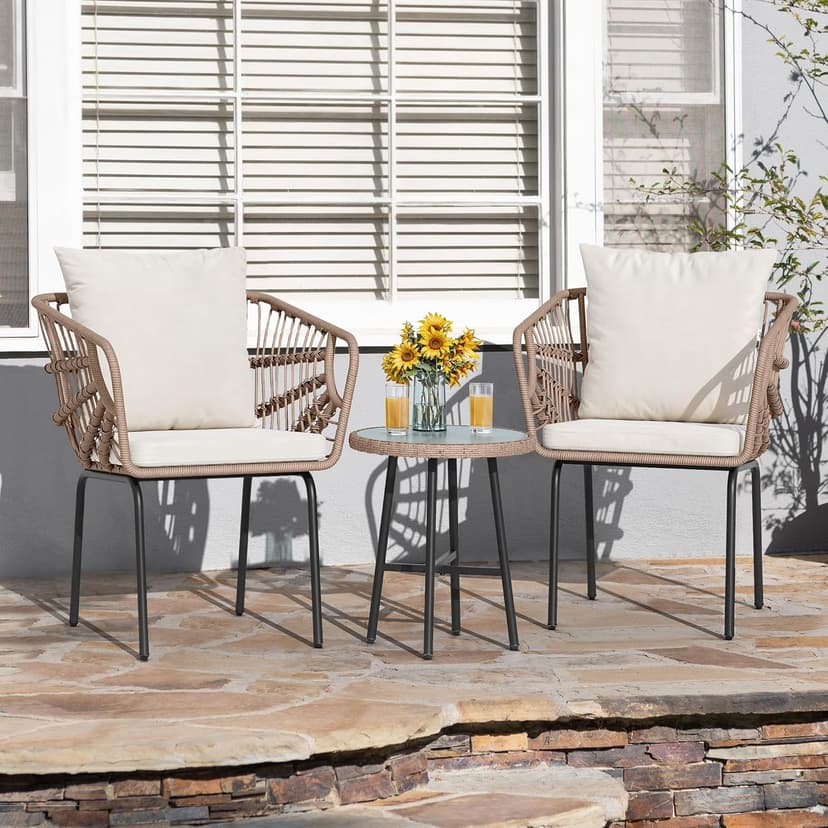 YITAHOME 3-Piece Outdoor Wicker Patio Conversation Bistro Set, All-Weather Furniture Set with Table & Cushions, Outdoor Sectional Sofa for Balcony, Backyard, Deck, Beige