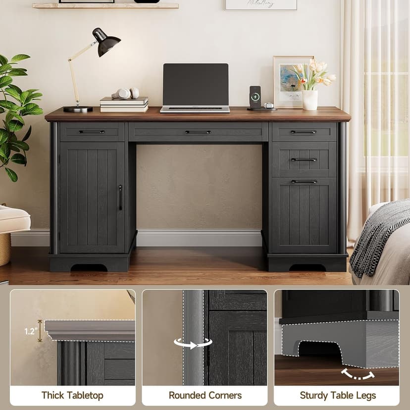 56" Large Modern Executive Desk, Farmhouse Computer Desk with File Drawers, Wood Home Office Desks with Charging Station, Adjustable Shelf, Storage Cabinet, for Writing Work Study (Black)