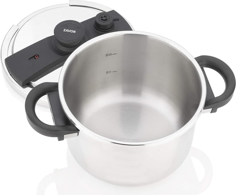 Zavor EZLock Stove Top Pressure Cooker 7 Quart - Stainless Steel, Multi Pressure Levels, Easy Locking, Induction Ready, Digital Cookbook & Steamer Basket | Olla de Presion Acero Inoxidable