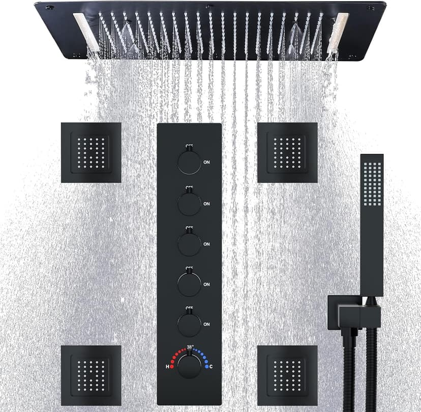 HOMEDEC Luxury Full Body Shower Jets System, 15x28inch Rain Shower Faucet Set Combo with 4pcs Adjustable Large Body Jet with Handheld Spray (Matte Black, 3 Functions Shower Head)