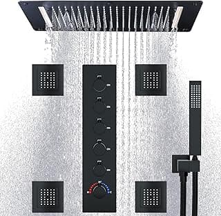 HOMEDEC Luxury Full Body Shower Jets System, 15x28inch Rain Shower Faucet Set Combo with 4pcs Adjustable Large Body Jet with Handheld Spray (Matte Black, 3 Functions Shower Head)